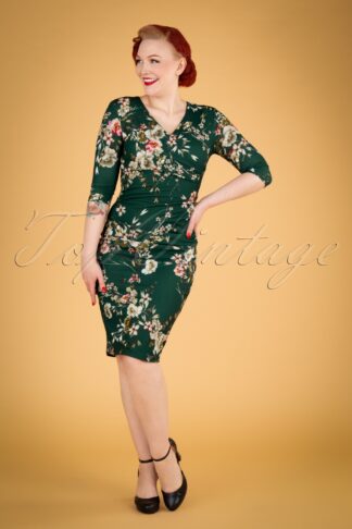 Vera Floral Pencil Dress Années 50 en Vert Foncé