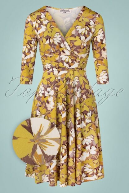 50s Carolina Floral Swing Dress in Ivory and Mustard
