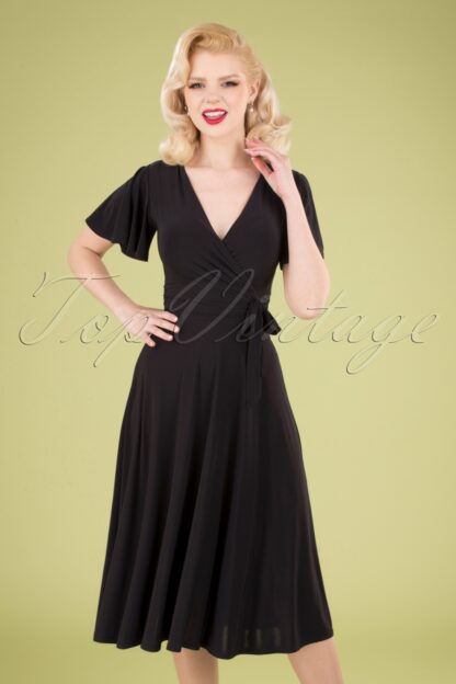 40s Irene Cross Over Swing Dress in Black