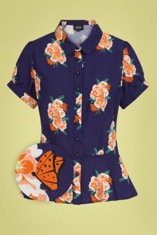 40s Mary Grace Floral Blouse in Navy