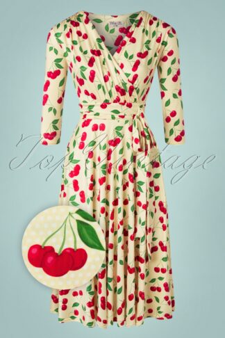 50s Caryl Polkadot and Cherry Swing Dress in Soft Yellow