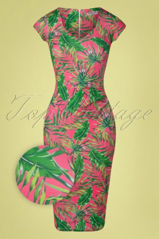 50s Melody Tropical Pencil Dress in Pink and Green