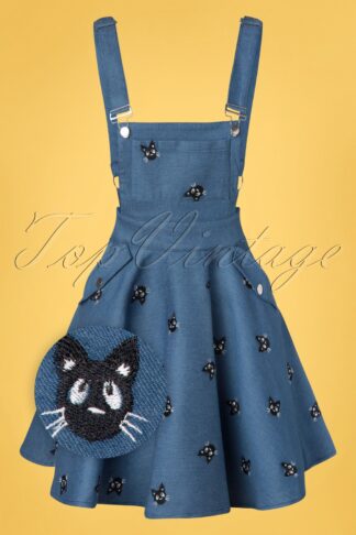 60s Brionne Cat Pinafore Dress in Denim Blue