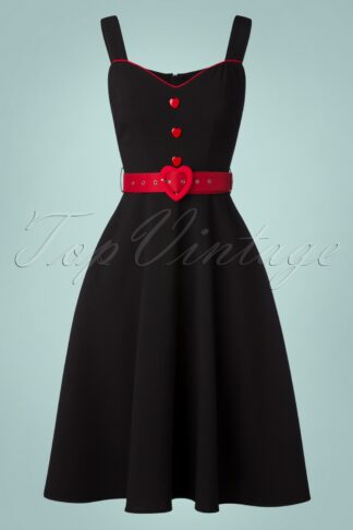 50s Queen Heart Buttons Swing Dress in Black