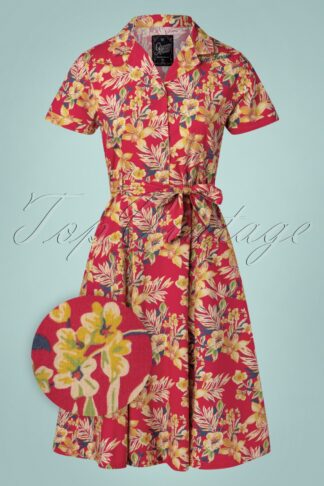 50s Hawaii Blouse Swing Dress in Red