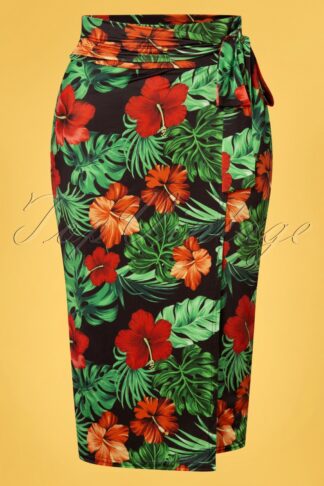 50s Kayla Tropical Flower Wrap Skirt in Black