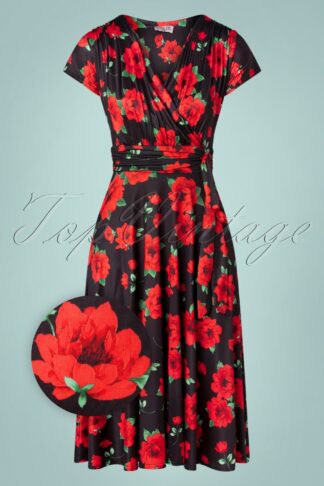 50s Caryl Roses Swing Dress in Black and Red
