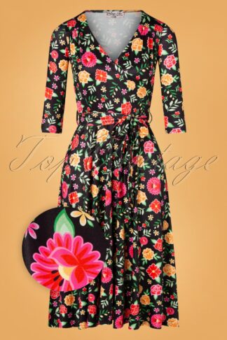 50s Faith Floral Swing Dress in Black