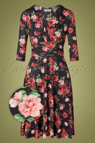 50s Carolina Floral Swing Dress in Black and Red