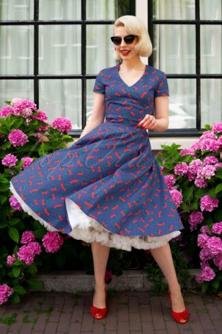 TopVintage exclusive ~ 50s Olivia Cherry Dots Short Sleeve Swing Dress in Navy