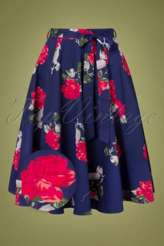 50s Alena Floral Swing Skirt in Blue