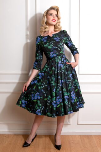 50s Blue Flax Flowers Swing Dress in Black and Blue