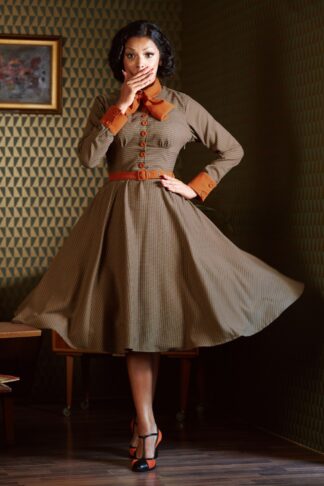 50s Ines Marigold Tartan Swing Dress in Mustard