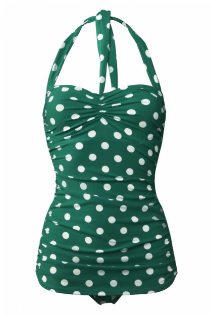 50s Classic Sheat Polkadot Swimsuit in Green and White