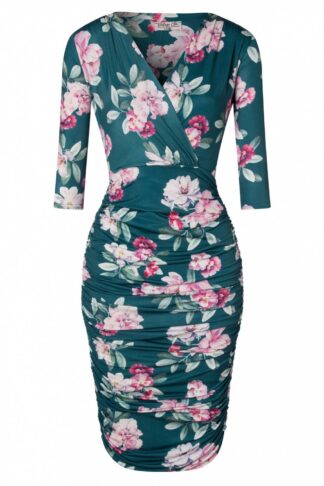 50s Emma Floral Pencil Dress in Teal
