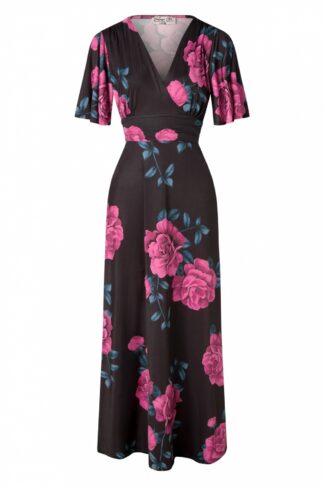 50s Helene Roses Cross Over Maxi Dress in Black and Pink