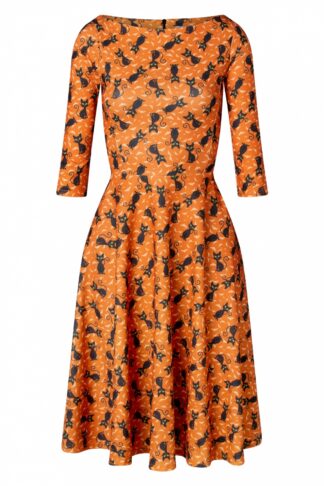 50s Izabella Halloween Cat Swing Dress in Orange