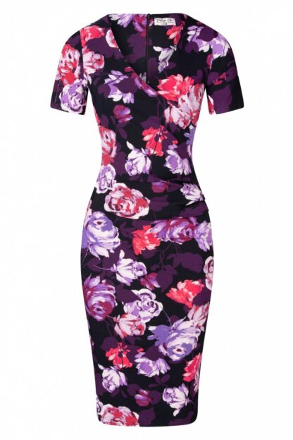 50s Noa Floral Pencil Dress in Purple and Red
