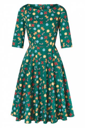 TopVintage exclusive ~ 50s Adriana Gingerbread Long Sleeve Swing Dress in Green