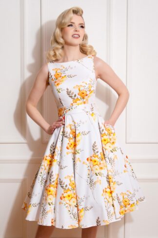 50er Aurelia Floral Swing Kleid in Weiß