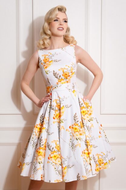 50er Aurelia Floral Swing Kleid in Weiß