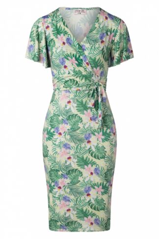 50s Irene Tropical Floral Cross Over Pencil Dress in Green