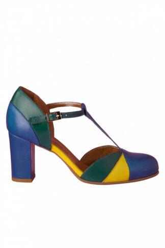60s Magnolia Leather T-Strap Pumps in Blue, Turquoise and Yellow