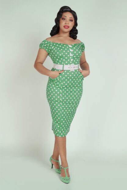Blanche Classic Polka Pencil Dress in Green and White