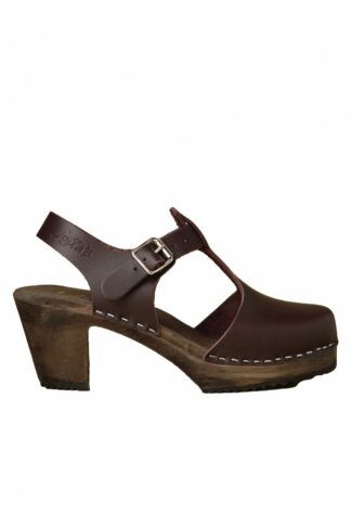 Highwood T-Strap Leather Clogs in Aubergine Brown