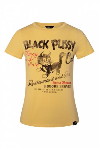 50s Black Pussy Cat T-Shirt in Senf Yellow