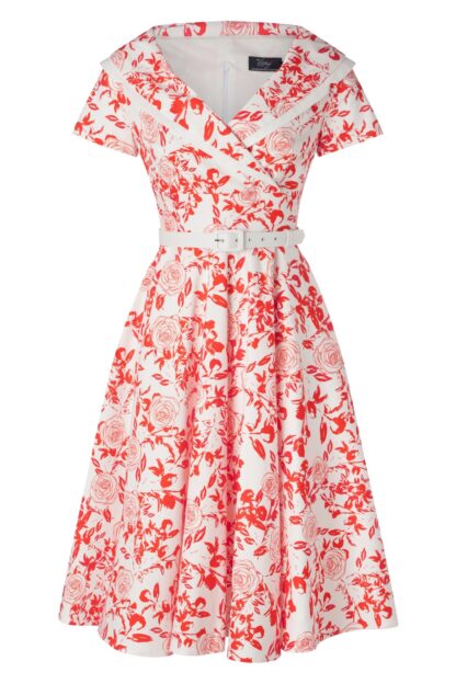 Greta Swing Kleid in Weiß mit rotem Rosenmuster