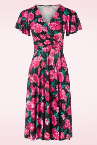 Irene Floral Cross Over Swing Kleid in Schwarz und Pink.
