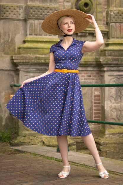 Topvintage exclusiv ~ Angie Polka Dot Swingkleid in Blau und Gelb