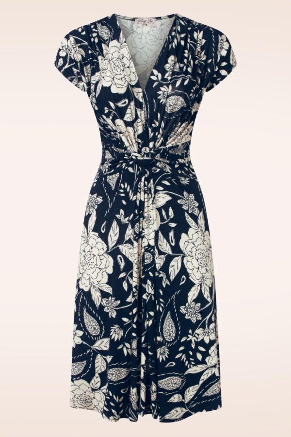 Suki Knotted Floral Swing Kleid in Marineblau und Off White