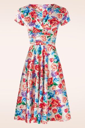 Caroline Floral Swing Kleid in Creme und Multi