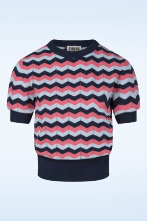 Gianna Zickzack Knitted Top in Marineblau und Pfirsich Rosa
