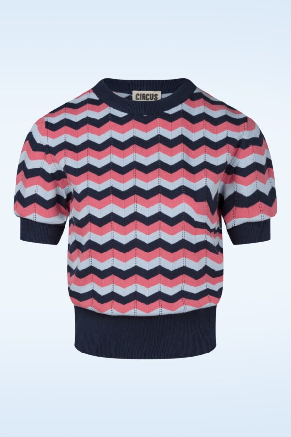 Gianna Zickzack Knitted Top in Marineblau und Pfirsich Rosa