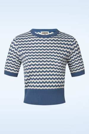 Gianna Zigzag Knitted Top in Blau und Weiß