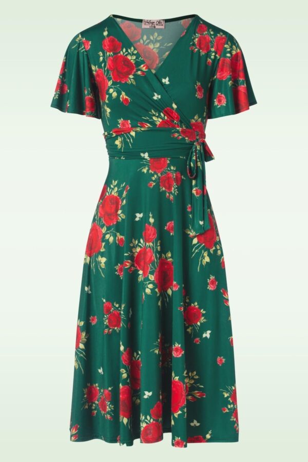 Irene Flower Cross Over Swing Kleid in Seide Grün