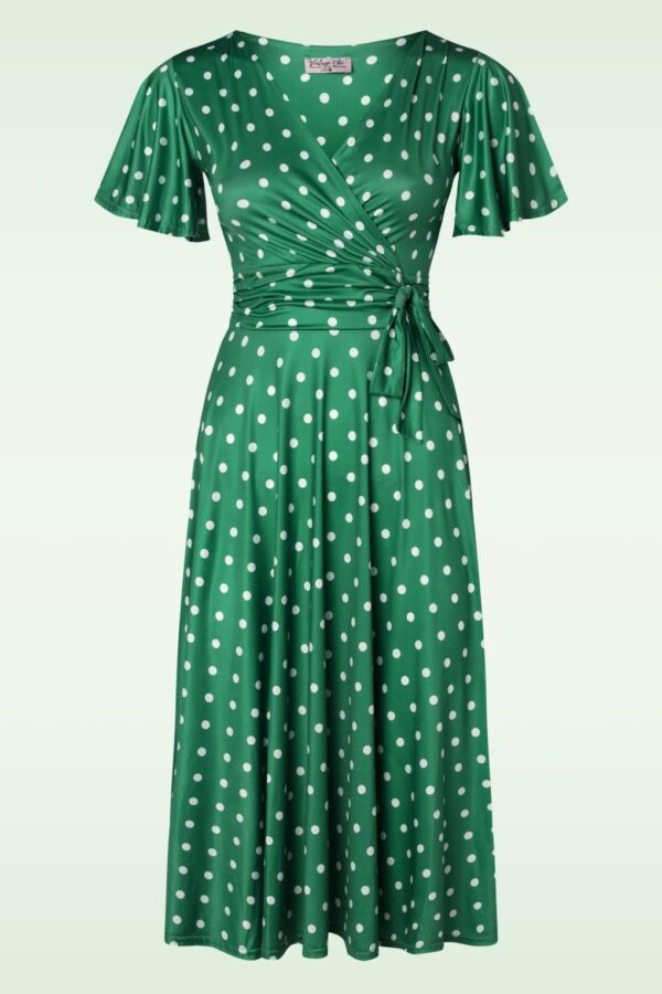 Irene Polkadot Cross Over Swing Kleid in Grün