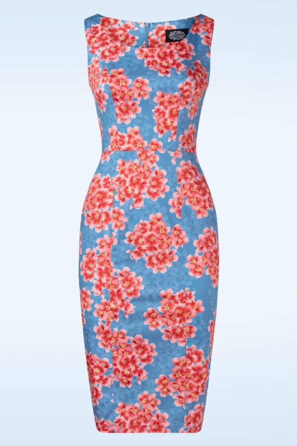 Topvintage exclusive ~ Lydia Blumen Etuikleid in Blau und Rot