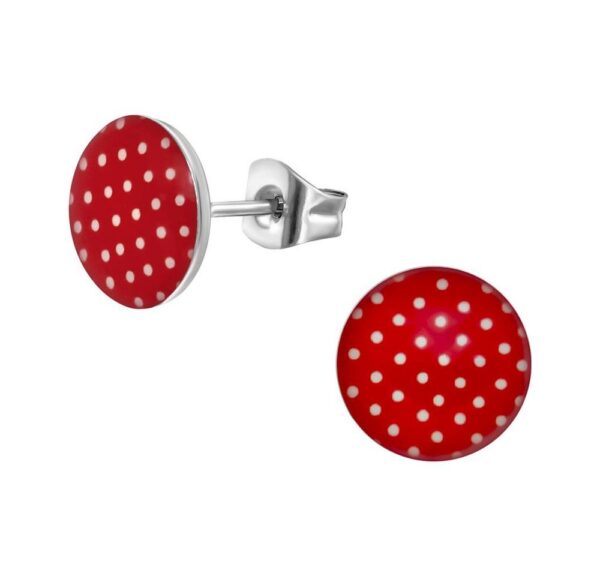 BUNGSA Ohrring-Set Ohrstecker Rot mit weißen Punkten Rockabilly 10mm aus Edelstahl Damen (1 Paar (2 Stück), 2-tlg), Ohrschmuck Ohrringe