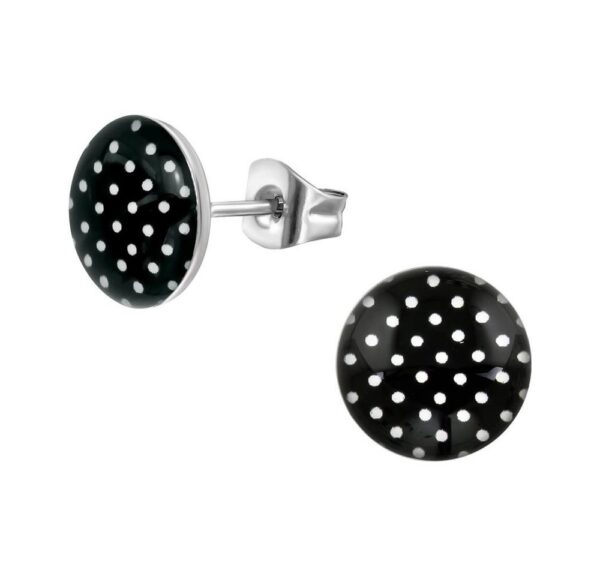 BUNGSA Ohrstecker-Set Ohrstecker Rund Schwarz mit weißen Punkten 10mm Rockabilly aus Edelsta (1 Paar (2 Stück), 2-tlg), Ohrschmuck Ohrringe