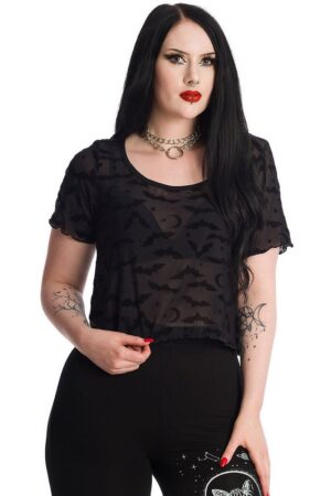 Banned Spitzentop Black Prayers Fledermaus Bat Mond Sterne Spitze Gothic