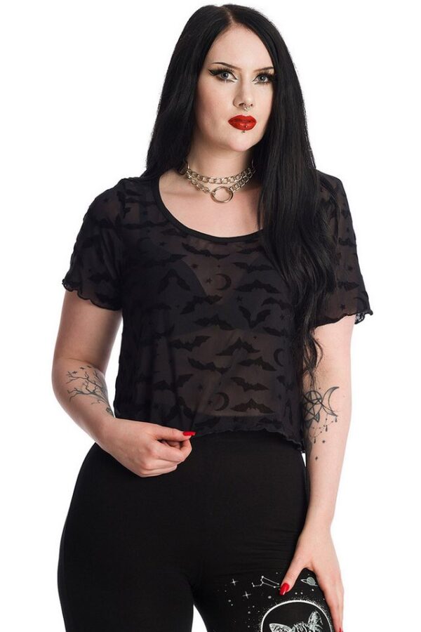 Banned Spitzentop Black Prayers Fledermaus Bat Mond Sterne Spitze Gothic