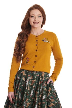 Banned Strickjacke Woodland Mushrooms Cardigan Senfgelb Vintage Waschbär