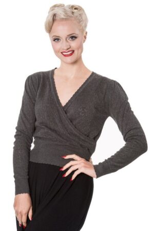 Banned Strickpullover Basic Instinct Grau Vintage Rockabilly Wickeltop