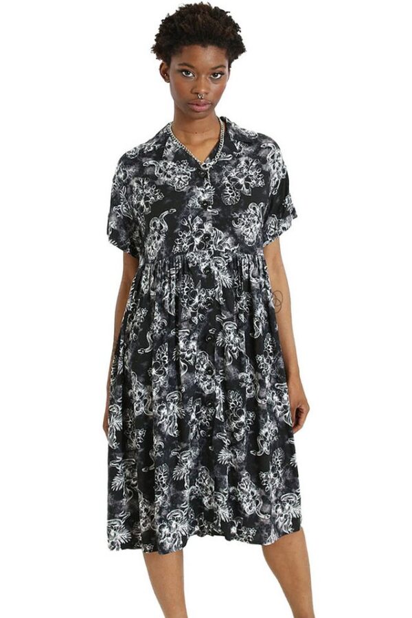 Hell Bunny A-Linien-Kleid Kasumi Gothic Tattoo Print Blusenkleid