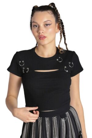 Hell Bunny Crop-Top Taylor Cyber Punk Metal Piercing Oberteil