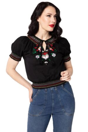 Hell Bunny Rüschentop Tessie Vintage Retro Bestickt Blumen Vögel